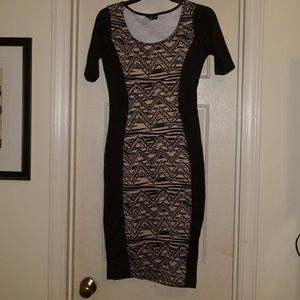 Black and tan abstract midi bodycon dress